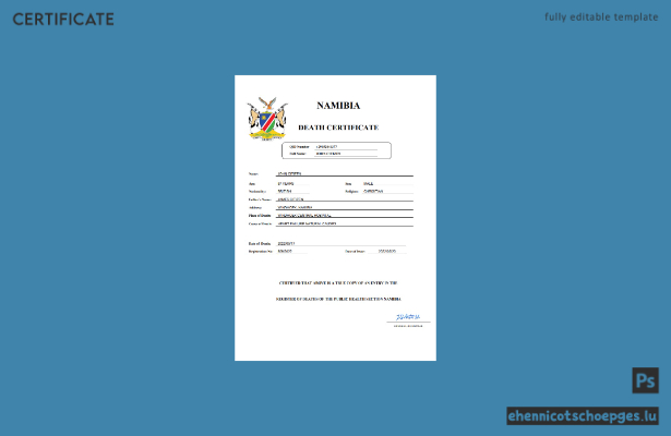 Namibische Personenstandsurkunde (Sterbeurkunde) – Beispielansicht als Word- und PDF-Datei